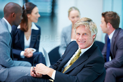 Buy stock photo Portrait, review and happy businessman with legal team for court case, research and people. Mature, smile and confident lawyer in office with attorney and advisor at law firm for feedback meeting
