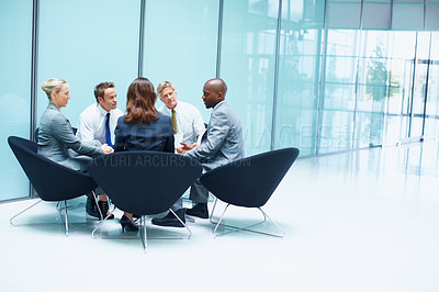 Buy stock photo Lawyers, meeting or business people in discussion at modern office for legal team or court case research. Professional, corporate or talking with attorney, advisor or feedback reviewed at law firm