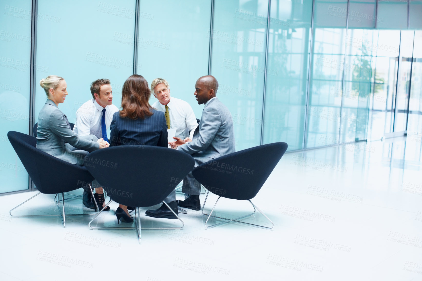 Buy stock photo Lawyers, meeting or business people in discussion at modern office for legal team or court case research. Professional, corporate or talking with attorney, advisor or feedback reviewed at law firm