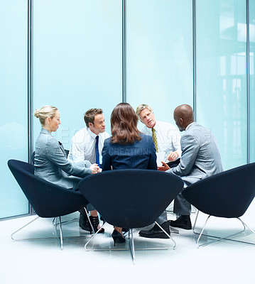 Buy stock photo Lawyers, meeting or business people at modern office talking for legal team, planning or court case research. Professional, corporate or group with attorney, advisor or feedback review at law firm