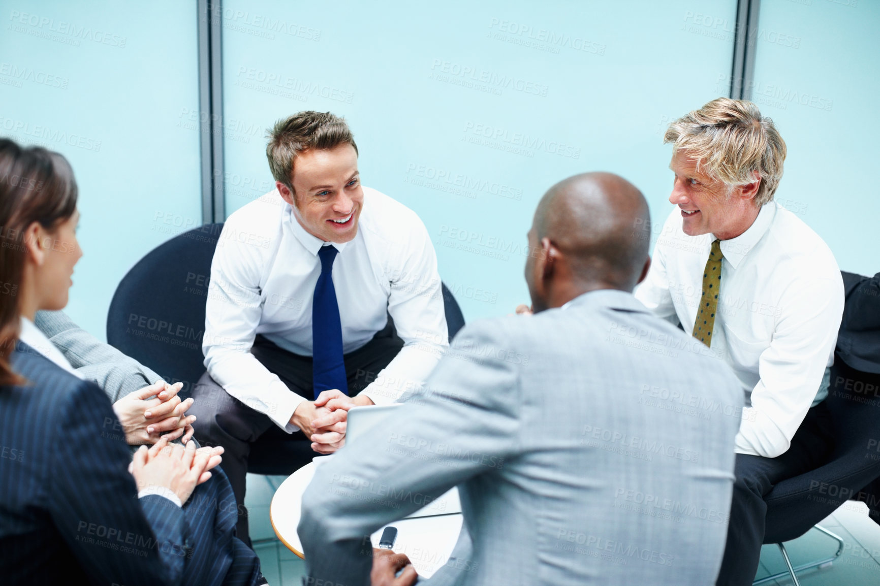 Buy stock photo Lawyers, meeting or business people speaking in office for legal team, planning or court case research. Professional, corporate or group strategy with attorney, advisor or feedback review at law firm