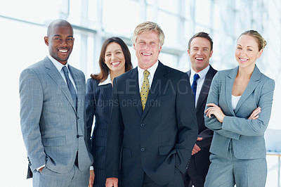 Buy stock photo Portrait, teamwork and business people in office, accounting and confidence with cooperation. Face, employees and investors with pride, career ambition and happiness with collaboration and broker