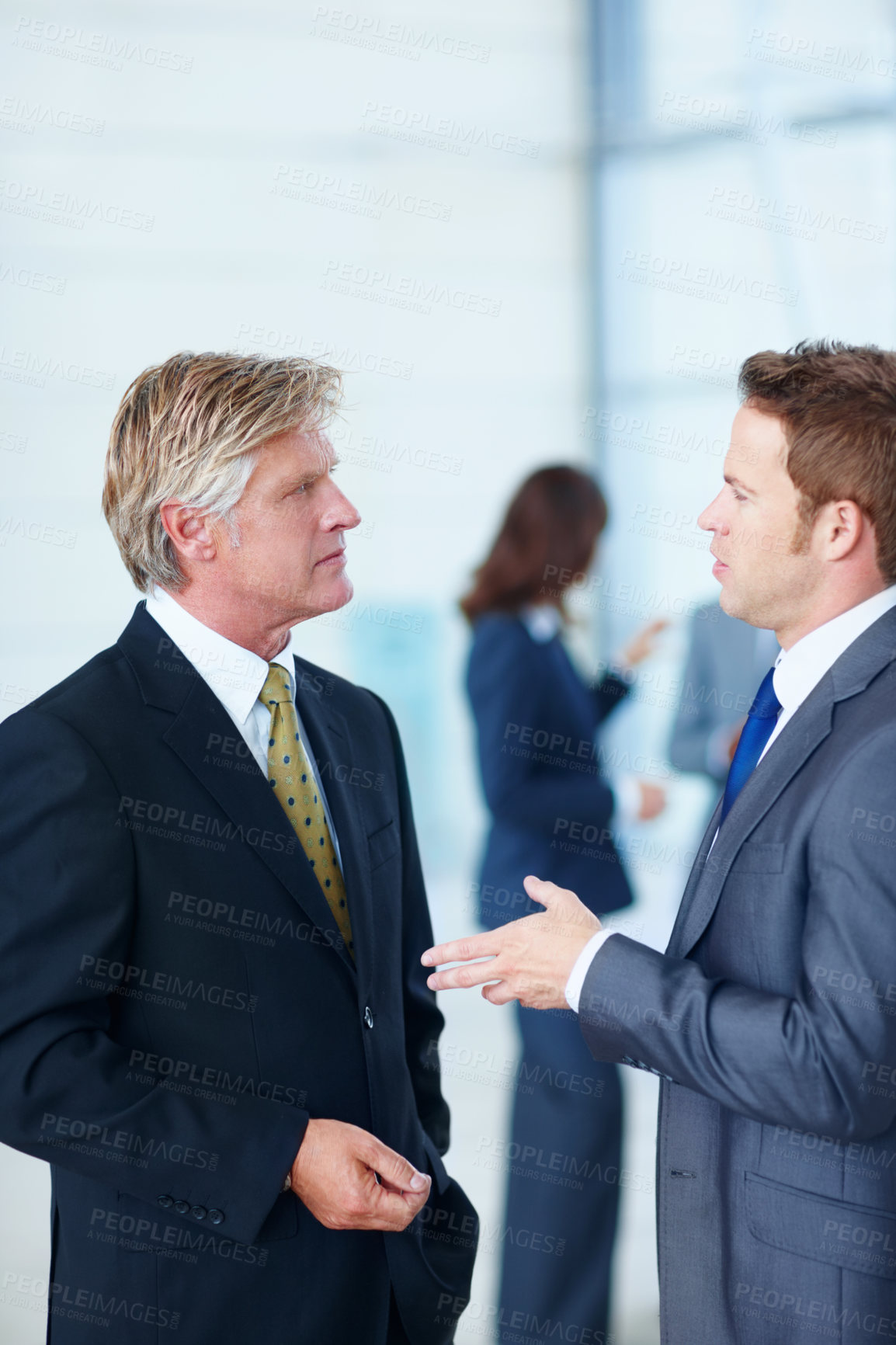 Buy stock photo Meeting, talking and business men in office for planning, teamwork and project idea with manager. Corporate, professional and workers in conversation for collaboration, feedback and career advice
