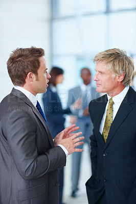 Buy stock photo Talking, meeting or business people with mentor or legal team for court case, research or support. Advice, question or lawyers in office with attorney or advisor at law firm for review or feedback