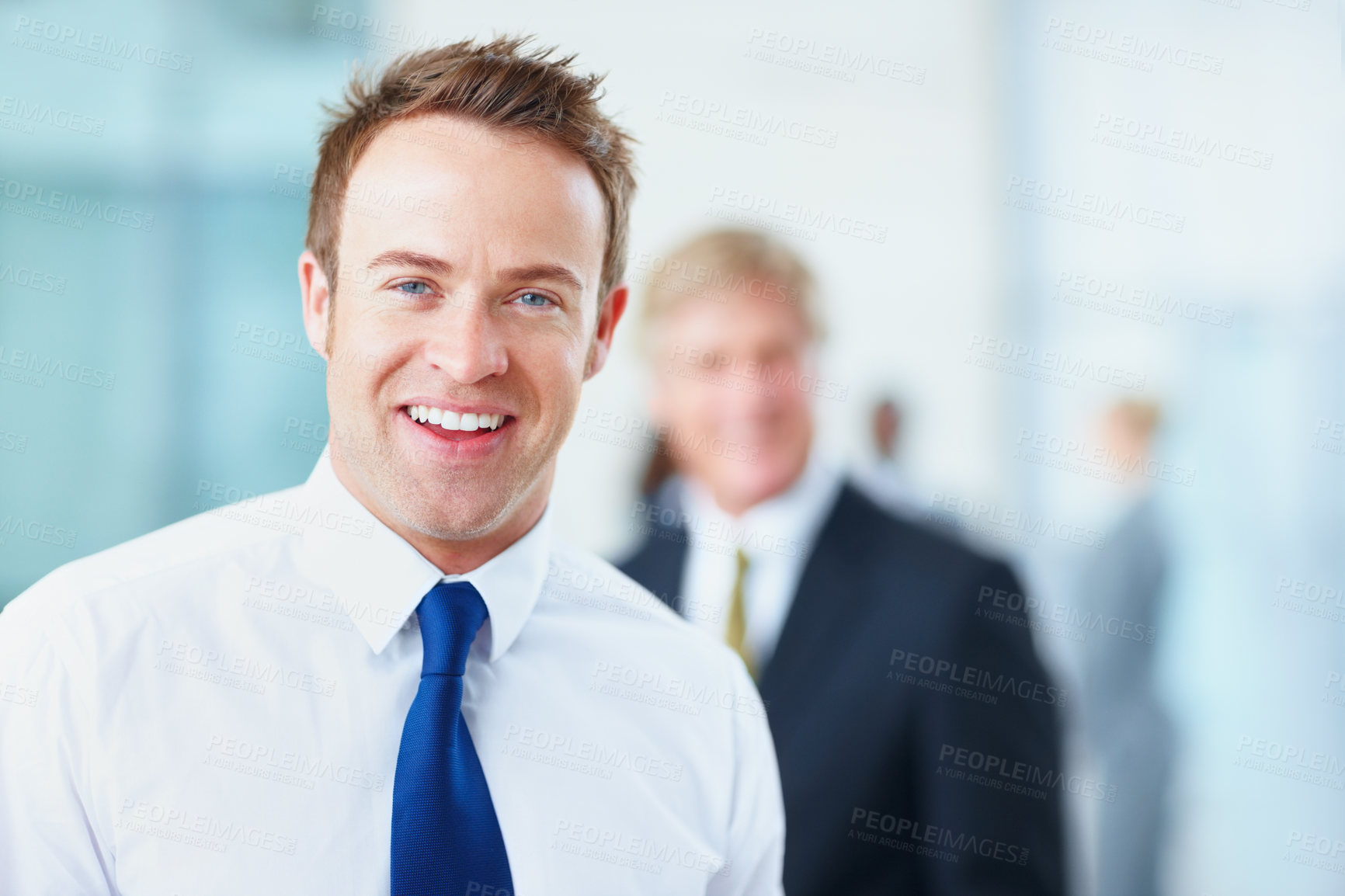 Buy stock photo Portrait, business people and men in office, accountant and smile with career ambition. Face, employee and consultant in workplace, accounting firm and financial advisor with pride and happiness