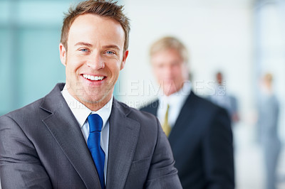 Buy stock photo Portrait, business people and man with smile, accountant and pride with career ambition. Face, employee and consultant in workplace, accounting firm and financial advisor with broker and happiness