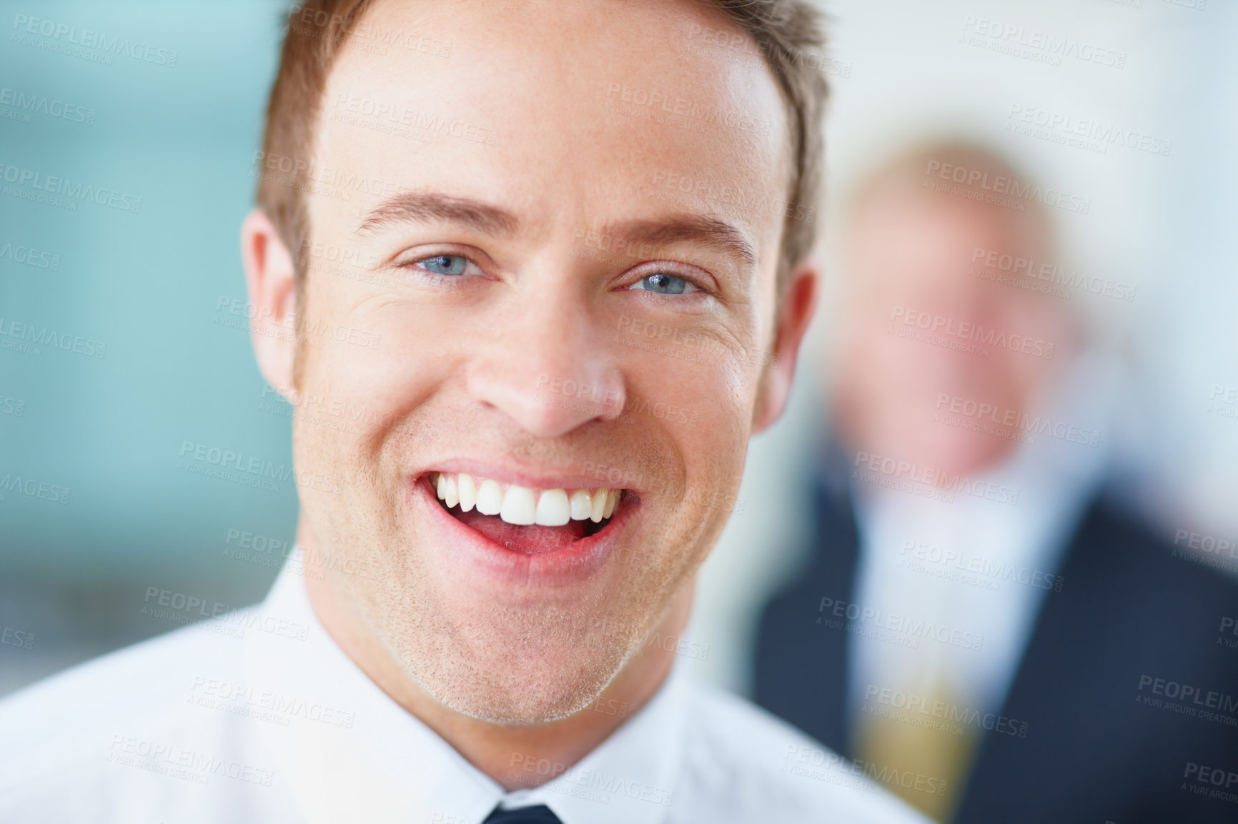 Buy stock photo Portrait, business people and man in office, lawyer and smile with career ambition. Face, employee and consultant in workplace, attorney firm and law advisor with pride, cheerful and happiness