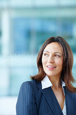 Buy stock photo Woman, business lawyer and thinking in office, professional and ideas for legal constitution. Female person, employee and confident attorney at law agency, justice advisor and reflection on policy