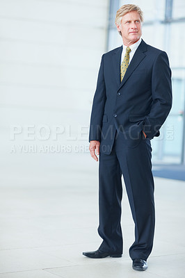 Buy stock photo Mature, business man and thinking in office for project inspiration, risk management and financial insight. Finance manager, CEO and thoughtful on mockup space for problem solving and growth solution