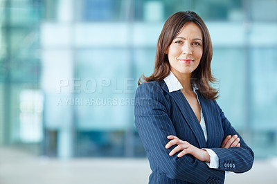 Buy stock photo Portrait, business and woman for pride in office of corporate leadership, about us and experience. Smile, female person and arms crossed of finance ambition, investment funding and opportunity growth