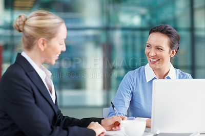 Buy stock photo Writing, meeting or business people with laptop or legal team for court case, research or support. Advice, smile or happy lawyers in office with attorney or advisor at law firm for review or feedback