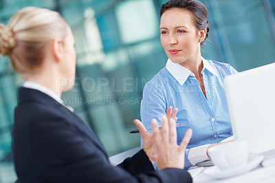 Buy stock photo Advisor, talking or business women in meeting for legal advice for court case, research or support. Project, laptop or lawyers in office with attorney or consultant at law firm for review feedback
