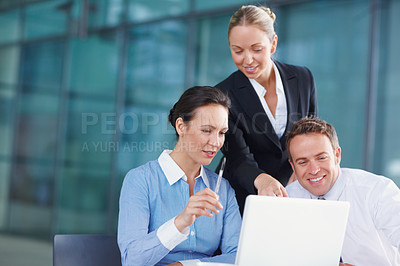 Buy stock photo Advisor, laptop or business people in meeting for legal team for court case, research or support. Project, reading or lawyers in office with attorney or consultant at law firm for review feedback