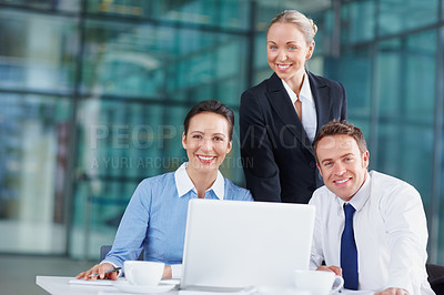 Buy stock photo Confident, meeting or business people with portrait or legal team for court case research or support. Laptop, about us or lawyers in office with attorney or advisor at law firm for review or feedback