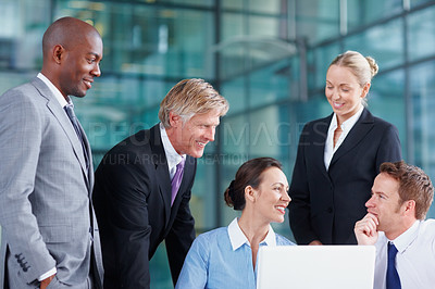 Buy stock photo Talking, meeting or business people on laptop with legal team for court case, research or support. Advice, smile or happy lawyers in office with attorney or advisor at law firm for review or feedback