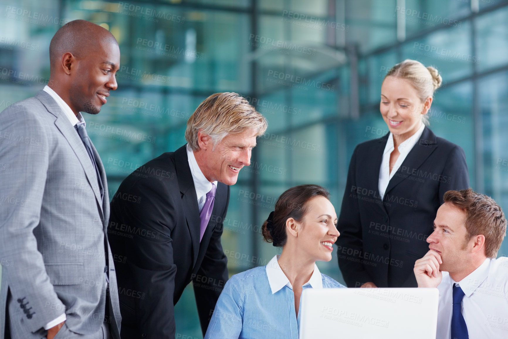 Buy stock photo Talking, meeting or business people on laptop with legal team for court case, research or support. Advice, smile or happy lawyers in office with attorney or advisor at law firm for review or feedback