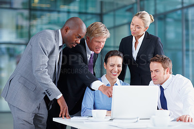 Buy stock photo Talking, meeting or business people on laptop with legal advice for court case research or support. Pointing, smile or happy lawyers in office with attorney or advisor at law firm for review feedback