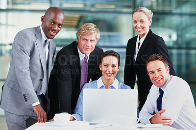 Buy stock photo Portrait, meeting or happy people on laptop with legal team for court case research or business. Confident, smile or proud lawyers in office with attorney or advisor at law firm for review feedback