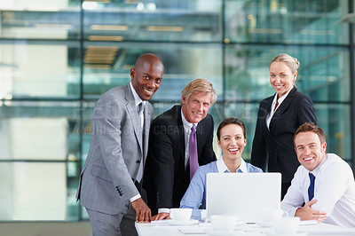 Buy stock photo Portrait, office or happy people on laptop with legal team for court case research or business. Confident, smile or proud lawyers in meeting with attorney or advisor at law firm for review feedback