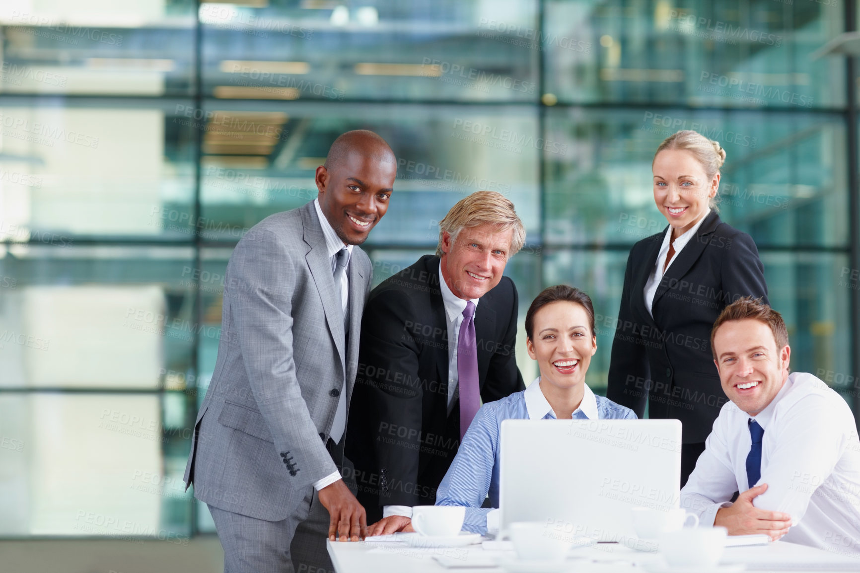 Buy stock photo Portrait, office or happy people on laptop with legal team for court case research or business. Confident, smile or proud lawyers in meeting with attorney or advisor at law firm for review feedback