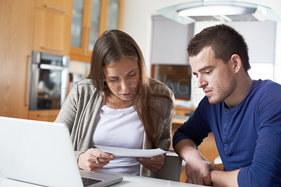Buy stock photo Documents, investment or couple reading budget or household bills for residential planning. Laptop, banking or people with form paperwork for report of financial growth, taxes info or salary income 