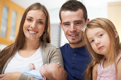 Buy stock photo Happy family, portrait or infant with child in home for love, security or bonding together. Dad, mom or parents with kids siblings on living room with support, protection and newborn baby in Canada