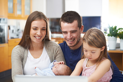 Buy stock photo Happy family, baby or laptop in home for kids siblings, streaming movies online in lounge. Film subscription, children or parents with technology or entertainment to relax with mom, dad or newborn
