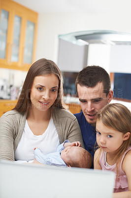 Buy stock photo Family, baby or laptop in house for kid siblings, streaming movies online in living room. Film subscription, children or parents with technology for entertainment to relax with mom, dad or newborn