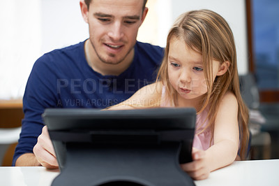 Buy stock photo Father, child or girl on tablet in home for movie choice or streaming online in family living room. Film subscription, learning and single parent dad on technology for browsing with kid or daughter
