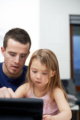 Buy stock photo Father, education or child on tablet in home for learning or streaming online in living room as family. Movies subscription, girl and single parent dad on technology for browsing with kid or daughter