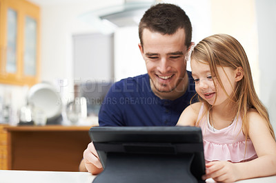 Buy stock photo Home, father and child with tablet for movie, educational video and streaming service for cartoon. House, dad and girl with smile for digital subscription, ebook or application game for entertainment