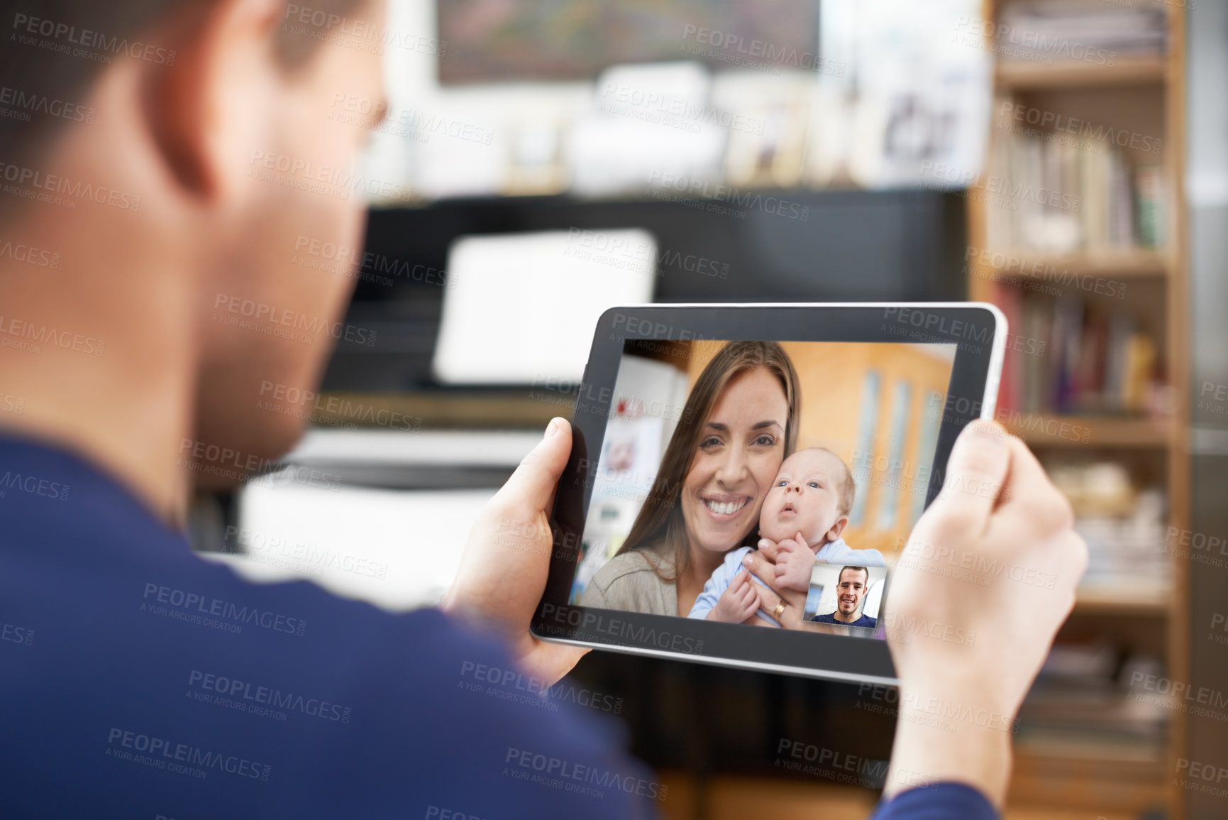 Buy stock photo Parents, screen and baby on tablet for video call, talking or online communication in home. Love, dad or mom with newborn infant on technology for virtual conversation, family or bonding together