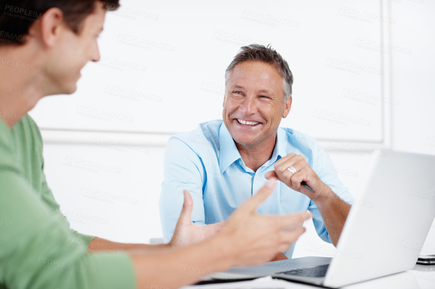 Buy stock photo Business people, laughing or mentor in discussion in meeting for feedback, research or support. Funny joke, happy procurement manager or teamwork on laptop for mentorship advice or project management