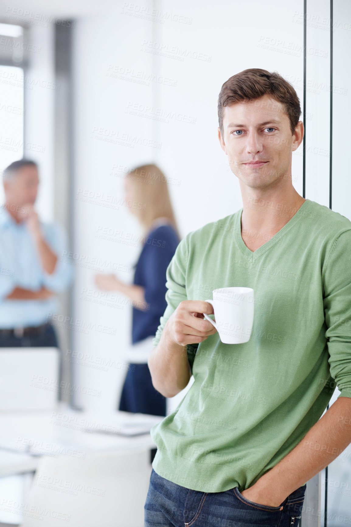 Buy stock photo Coffee, portrait and manager with business man in boardroom for meeting schedule, planning and interior design agency. Smile, advisor and project management with person in office for conference