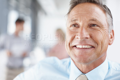 Buy stock photo Closeup of a senior business manager smiling and looking away - Copyspace