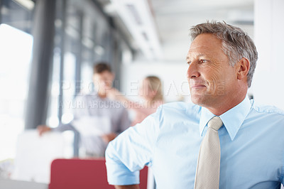 Buy stock photo Mature, businessman and thinking with confidence, management and office for corporate accounting firm. Ceo, professional and boss with happy vision, pride and idea for finance or sales accomplishment