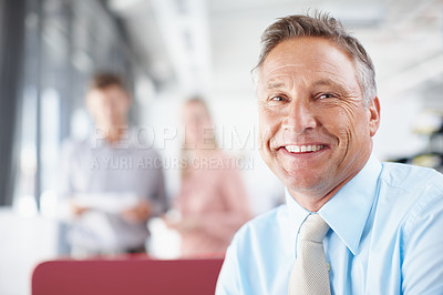 Buy stock photo Portrait of a senior business manager laughing happily in the office - Copyspace