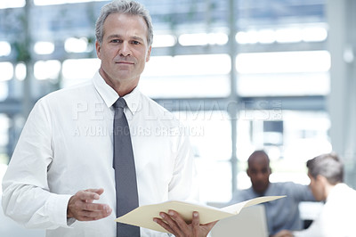 Buy stock photo Portrait of a mature businessman standing with a file in front of two younger colleagues