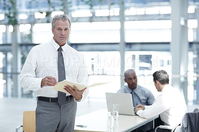Buy stock photo Portrait of a mature businessman looking at a file in front of two younger colleagues