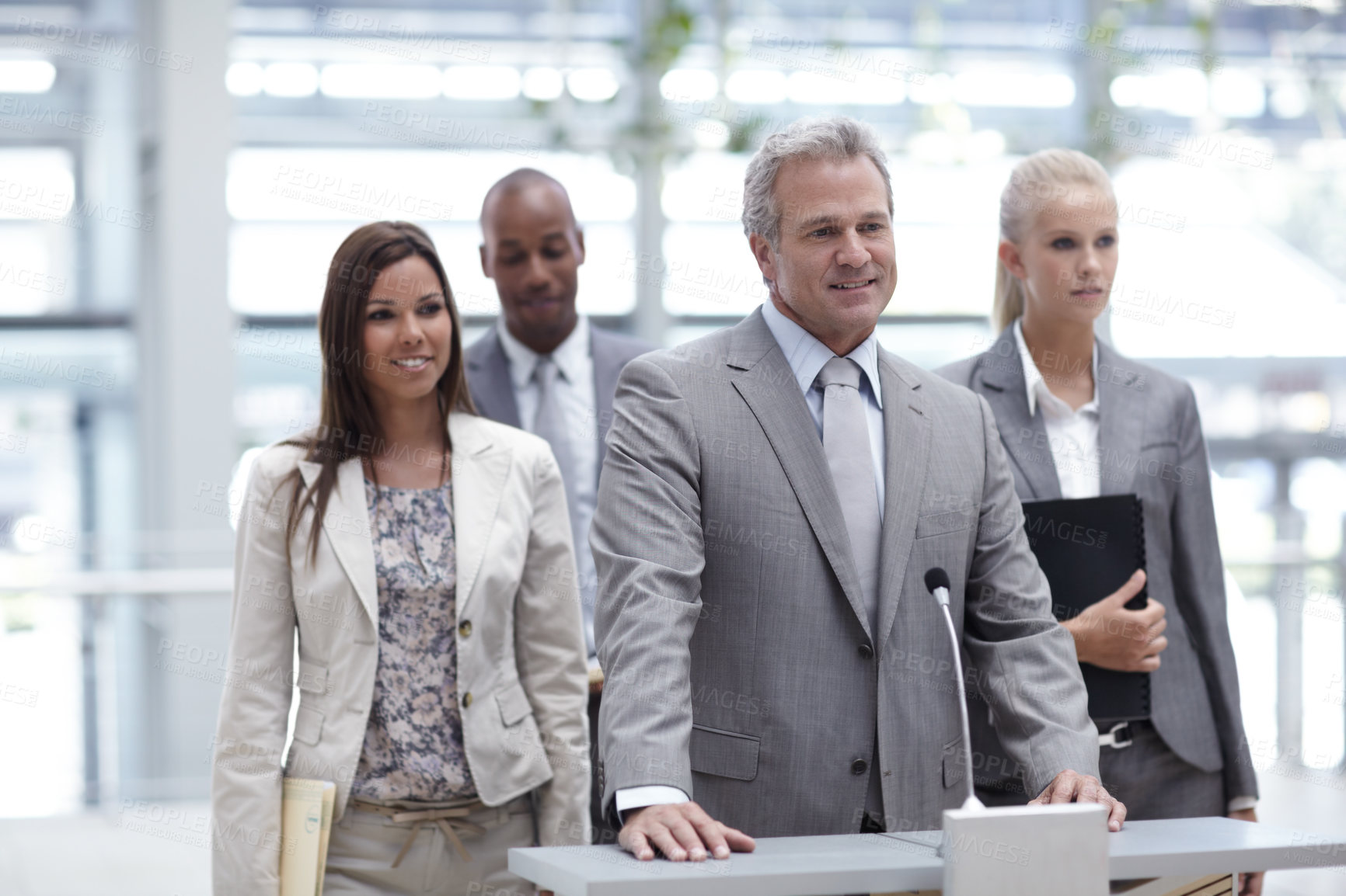 Buy stock photo Business, people and speaker with speech at conference for financial forecasting, risk management and compliance. Finance executive, team and public speaking at global summit for investment feedback