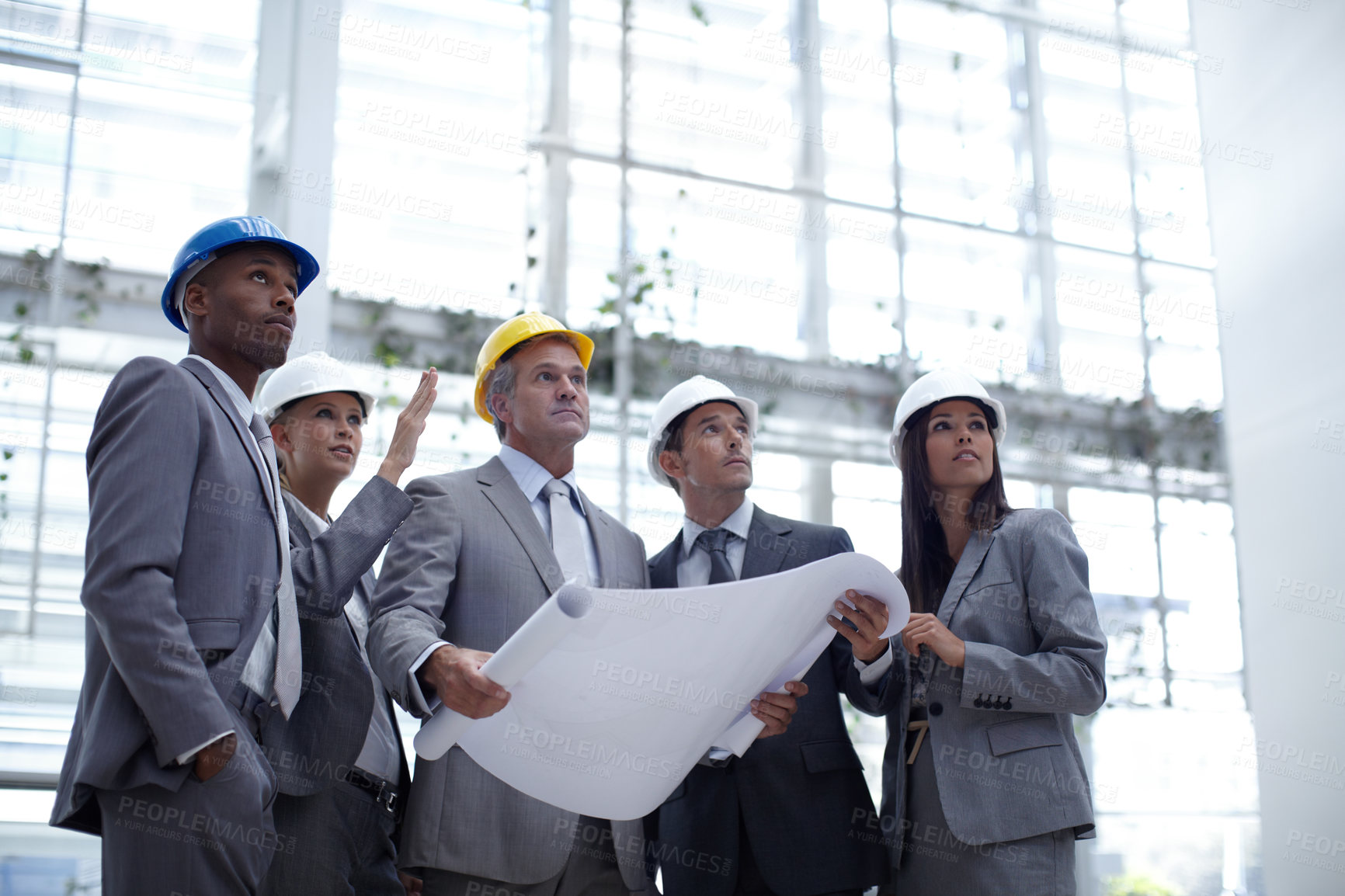 Buy stock photo Business people, architects and blueprint brainstorming at construction site, team and meeting. Employees, paperwork and logistics for floor plan of development, engineering project and renovation