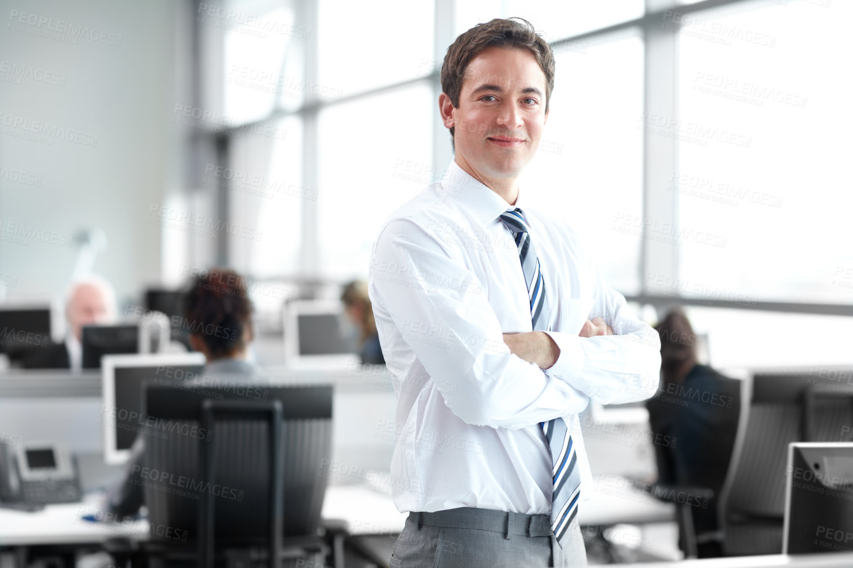 Buy stock photo Happy, portrait and businessman with confidence for corporate agency or leadership at office. Man, financial advisor or consultant agent with smile or arms crossed for company development or growth