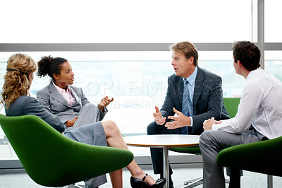 Buy stock photo Discussion, review or business people in meeting with investor for feedback, project funding or teamwork. Consultant, group or financial advisor talking to economists for collaboration or negotiation