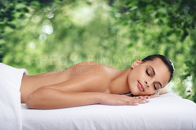 Buy stock photo Nature, massage and woman at spa to relax, beauty and luxury pamper for wellness. Outdoor, natural and person in treatment at salon for skincare therapy, peace and calm for healthy body at table