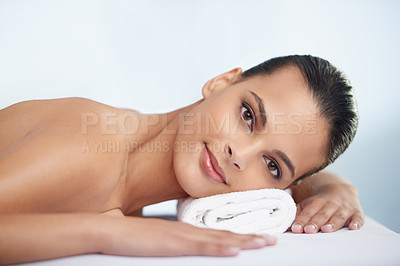 Buy stock photo Relax, happy and portrait of woman at spa with self care, wellness and luxury skin treatment for zen. Calm, cosmetics and young female person with beauty body routine at health salon for peace.