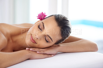 Buy stock photo Woman, massage and organic treatment at spa, wellness and beauty therapy for body care. Female person, calm and serene or dermatology, cosmetics and resting at resort hotel and peace or relaxing