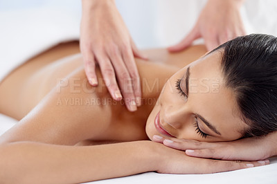 Buy stock photo Happy, luxury and woman with massage, self care and stress relief with salon treatment, grooming and wellness. Female person, client and lady with skincare, relax and health with peace at a resort