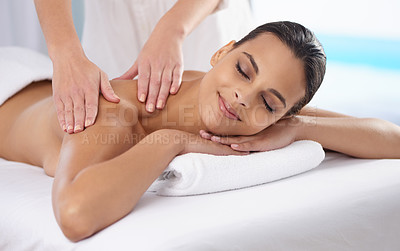 Buy stock photo Skincare, massage and woman with a smile, self care and relax with spa treatment, grooming and zen. Female person, client and lady with happiness, stress relief and beauty with services and holistic