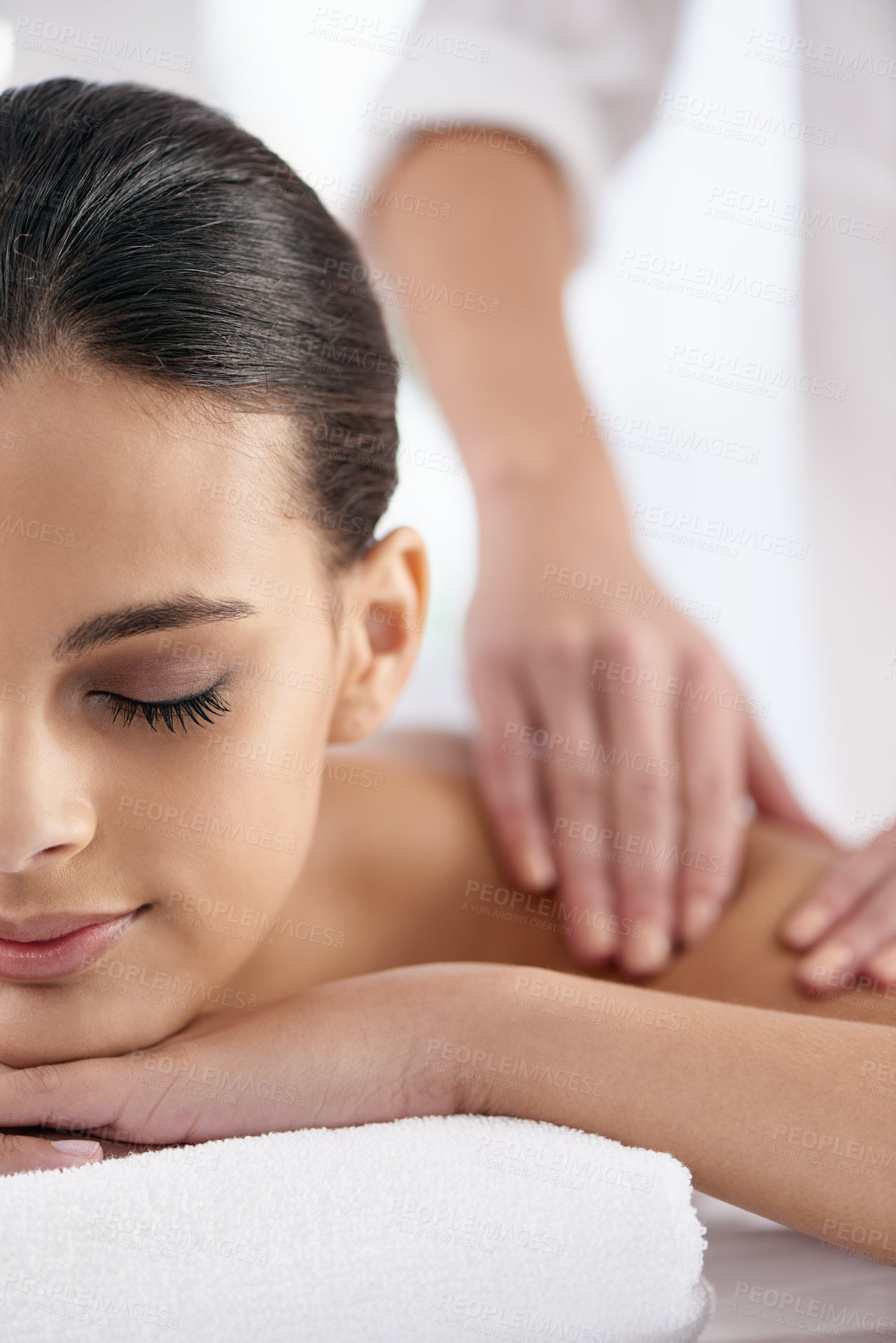 Buy stock photo Relax, woman and hands massage shoulder for skincare, beauty and pampering body for wellness at luxury salon. Therapist, table and person at spa for treatment, peace and calm for health with masseuse