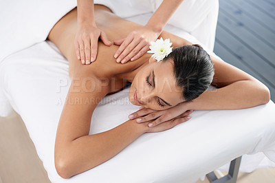 Buy stock photo Woman, back massage and body treatment for relaxing, wellness and muscle therapy for bodycare. Female person, masseuse and health by dermatology, calm and resting at resort hotel and peace or zen